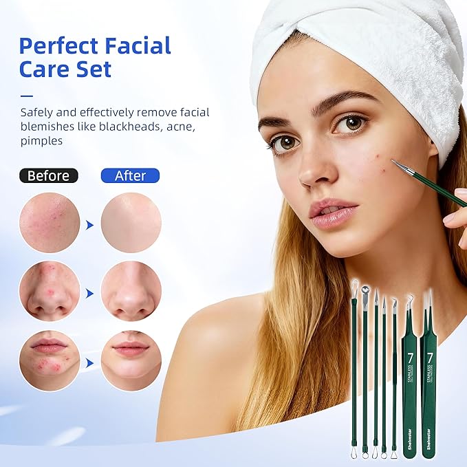 Pimple Popper Tool Kit - 7 Pcs Blackhead Remover Comedone Extractor Kit with Box for Quick and Easy Removal of Pimples, Blackheads, Zit Removing, Forehead,Facial and Nose (Green)