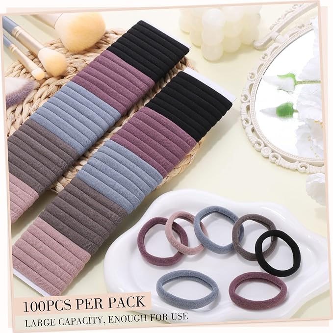 obeoby 100PCS Hair Ties for Thick Hair, Seamless Nylon Elastic Ponytail Holders, Bulk Black Hair Bands & Elastics for Women Girls