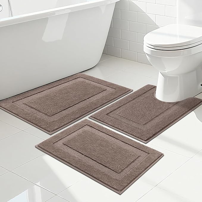 SHACOS Brown Bathroom Rugs Sets 3 Piece, 16"x24" + 20"x32" Bath Rugs + 20"x24" U Shaped Toilet Rugs, Non-Slip Extra Soft Absorbent Bath Rug Washable Bathroom Floor Mats