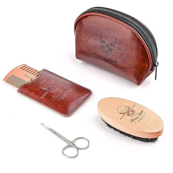 Beard Brush and Comb Set, Boar Bristle Hair Beard Brush Kit with Small Leather Travel Toiletry Bag Case for Men, Include Men's Wooden Mustache Comb & Nose Hair Scissors