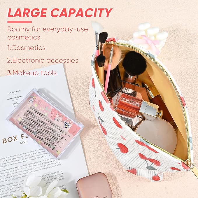 Cute Makeup Pouch for Women Cherry Small Make Up Bag for Purse Zipper Initial Cosmetic Bags Pouches for Purse Aesthetic Travel Toiletrybags, Red Cherries