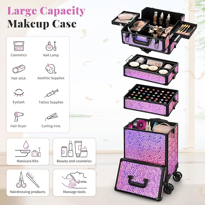 Profesional Rolling Makeup Train Case with Lid, 5 in 1 Cosmetology Case on Wheels, Large Cosmetic Trolley Organizer Travel for Hairstylist Artist Nail Beauty Salon Barber, Gravel Pink