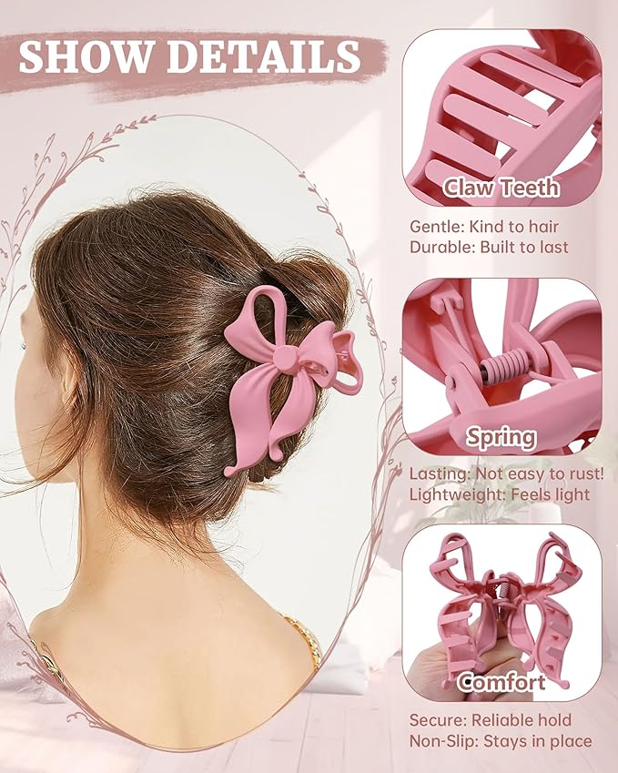 Mesovor 4 pack Cute Bow Claw Clip for Women, Nonslip Large Matte Strong Hold Bows Hair Clips for Thin and Thick Hair | Chic Hair Styling Accessories (4.1" Navy, Blue, Light Green, Pink)