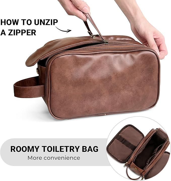 Elviros Travel Toiletry Bag Gift for Men，Mens Toiletries Bag Gifts Set Shaving Dopp Kit Water-resistant Bathroom Toiletries Organizer PU Leather Cosmetic Bags 2 Pack