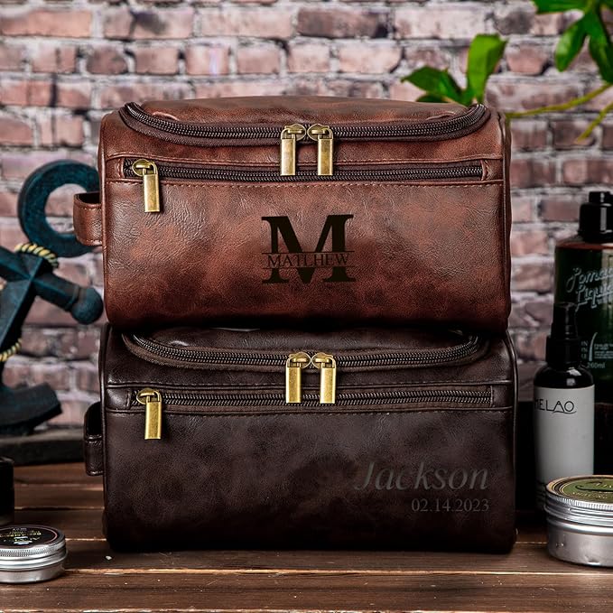 Flycalf Personalized Travel Toiletry Bag for Men Groomsmen Gift Leather Water Resistant Bathroom Shaving Bag Hanging Organizer