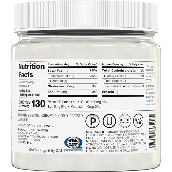 Viva Naturals Organic Coconut Oil, 16 fl oz – Unrefined, Cold-Pressed Extra Virgin Coconut Oil, USDA Organic & Non-GMO, Natural Cooking Oil, Hair Oil & Skin Oil