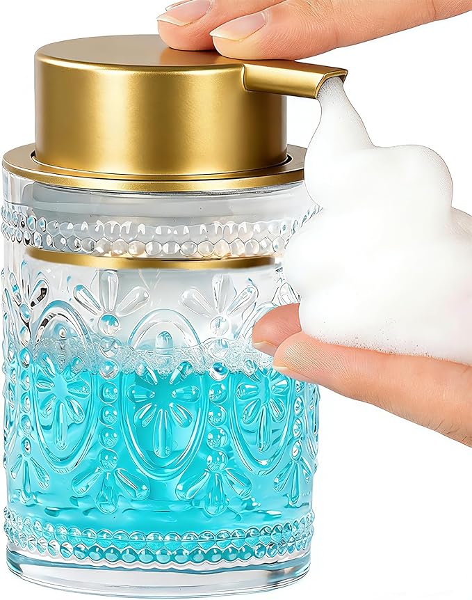 Glass Foaming Soap Dispenser - 8 Oz Foam Hand Soap Dispenser for Bathroom, Face Wash Dispenser Bottle with Golden Foam Pump, Refillable Lotion Dish Dispenser for Kitchen