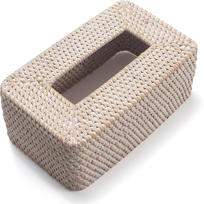 Rattan Tissue Box Cover, Rectangular Wicker Tissue Box Holder, Decorative Woven Facial Tissue Holder for Bathroom, Kitchen, Living Room, Bedroom (Whitewash)