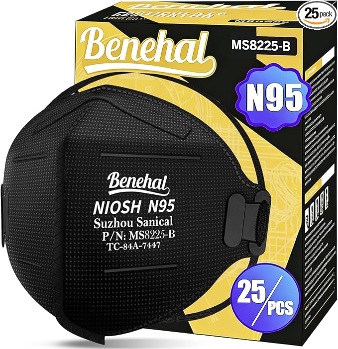 benehal NIOSH Approved N95 Face Masks Particulate Respirators, Pack of 25 N95 Masks, Individually Wrapped, Black