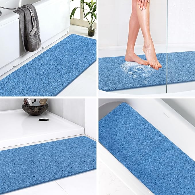 LuxStep Shower Mat Bathtub Mat,47x16 inch, Non-Slip Bath Mat with Drain, Quick Drying PVC Loofah Bathmat for Tub,Shower,Bathroom (Lake Blue)