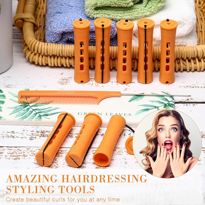 WILLBOND Hair Styling Kit: 48 Hair Perm Rods Plastic Cold Wave Rods, 2 Steel Pintail Combs, 350 Perm Papers, 6 Duck Bill Clips for Hairdressing Styling(Orange)