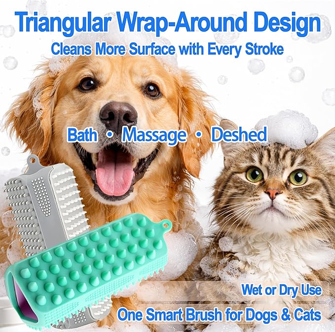 3-in-1 Triangular Dog Bath Brush for Dogs & Cats, Silicone Pet Grooming Brush with Deshedding Bristles, Massage Cones & Deep Cleaning Nubs, Green