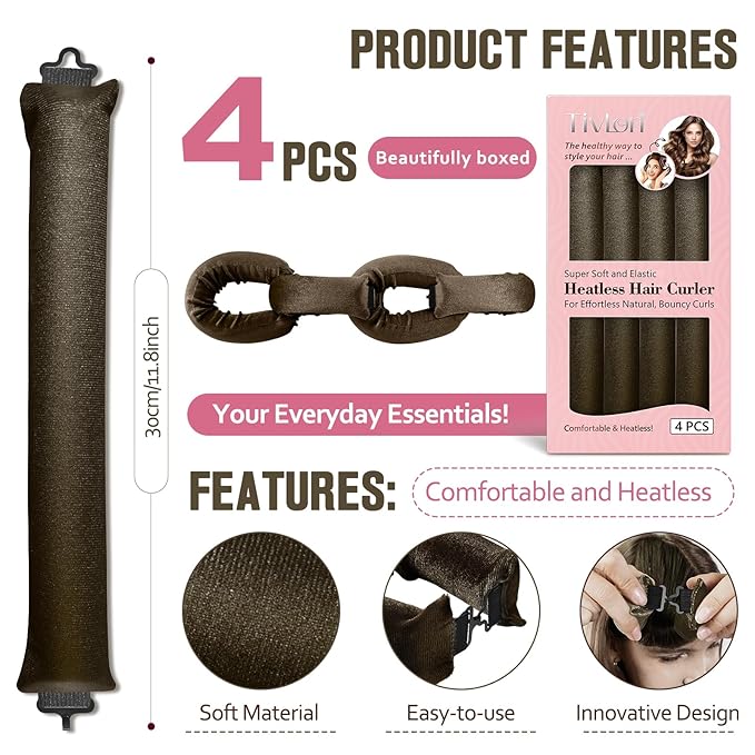 Heatless Curls Overnight, 4 Pcs No Heat Curling Blowout Rod, Satin Blowout Look Heatless Hair Rollers, Soft Flexi Rods for Big Curls to Sleep In