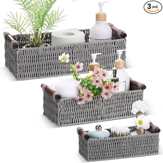 Boao 3 Pcs Boho Storage Wicker Baskets Handmade Woven Decorative Paper Rope Baskets for Organizing with Handle Countertop Toilet Paper Storage Container for Toilet Tank Top(Grey,Rectangle)