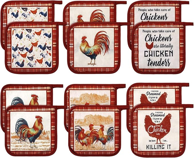 Bencailor 12 Pcs Pot Holders with Pocket Kitchen Hot Potholders Hot Pad Oven Mitts Cookie Bag Oven Gloves for Kitchen Gift Baking Cooking(Red,Red Rooster)