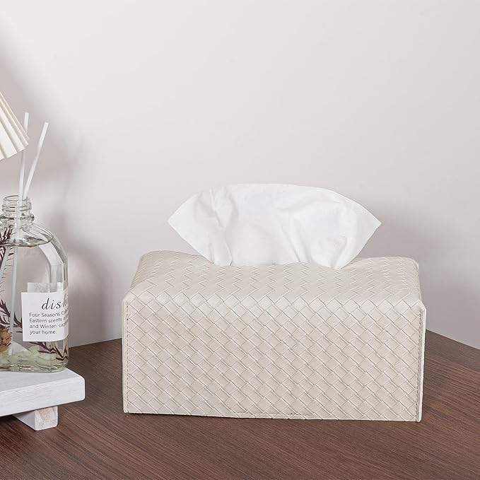 Tissue Box Cover PU Leather Tissue Holder Square Facial Tissue Case Facial Paper Organizer Dispenser for Bathroom, Vanity Countertop, Tabletop, Car, Rectangle, Griege
