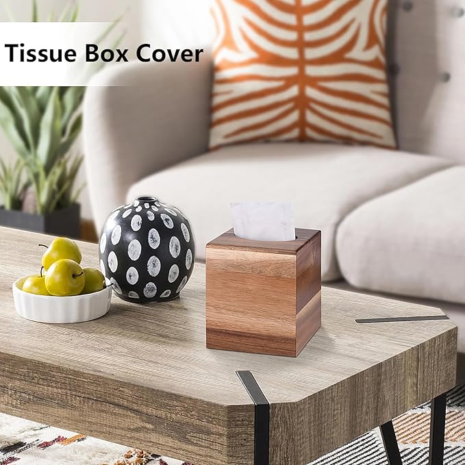 Tissue Box Cover Square, Acacia Wood Tissue Box Holder with Slide-Out Bottom, Wooden Tissue Box Cover Cube for Bathroom, Bedroom, Dinner Table, Office,Kitchen