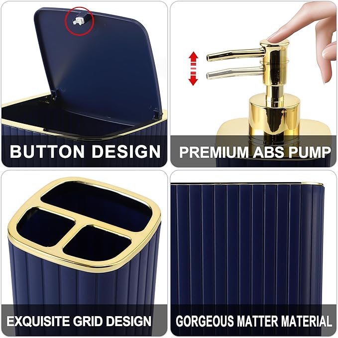 Bathroom Set with Shower Curtain and Rugs- 25PC Blue Bathroom Accessory Set, Navy Blue Shower Curtain Set, Toilet Brush, Trash Can, Qtip Holder & Soap Dispenser