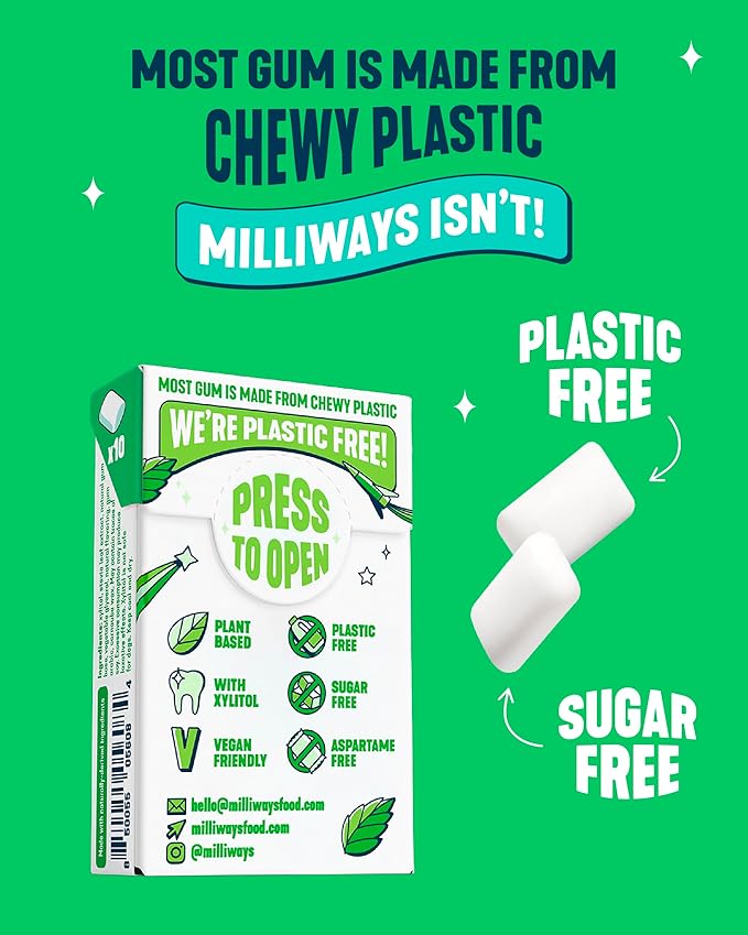 Milliways Spearmint Super Natural Gum - Plastic-Free Chewing Gum | Xylitol, Aspartame-Free, Sugar-Free, Plant-Based | 4 Packs of 10 Pieces (40 Pieces Total)