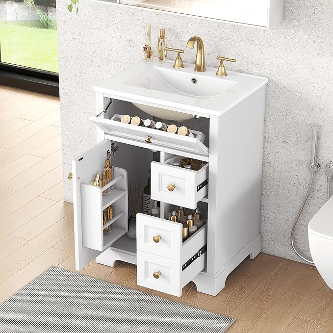 Harper & Bright Designs 24" Bathroom Vanity with Sink, Free Standing Bathroom Vanity Set with Flip Drawer, 2 Drawers, and Storage Rack, Wood Storage Cabinet with Ceramic Basin for Bathroom, White