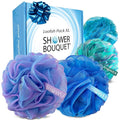 SHOWER BOUQUET Loofah Bath-Sponge XL Swirl-Deep-4-Pack // Extra Large 75g Soft Mesh Net Luffa Loofa Loufa Lufa Puff Set/Exfoliating Body Scrubber for Women and Men - Exfoliate & Soothe Face & Body