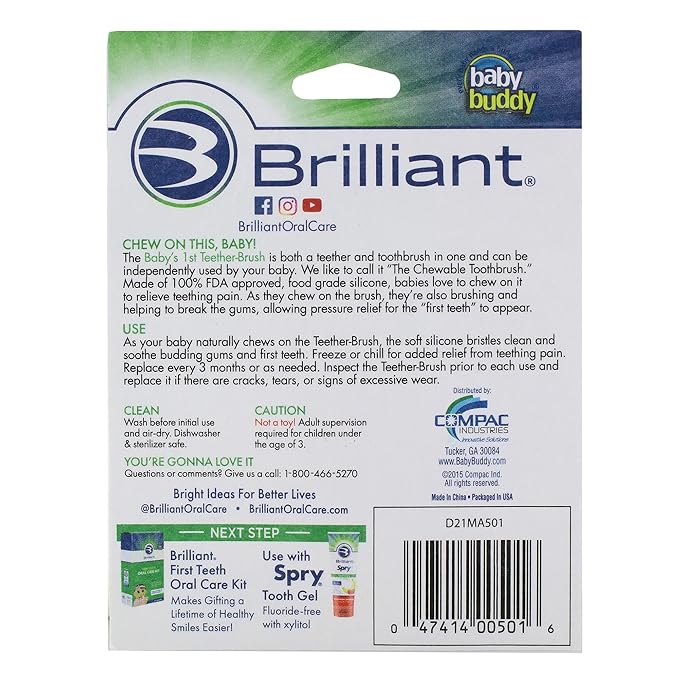 Brilliant Oral Care Baby’s First Toothbrush, Smooth Silicone Bristles Gently Clean Tender Teeth and Gums, for Ages 4+ Months, Clear, 1 Pack