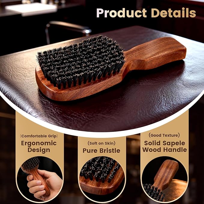 Beard Brush for Men, Natural Boar Bristle Sapele Wood Brush for Beard and Hair, Men's Grooming Kit with Pocket Beard Comb for Facial Hair Styling, Growth, Shine