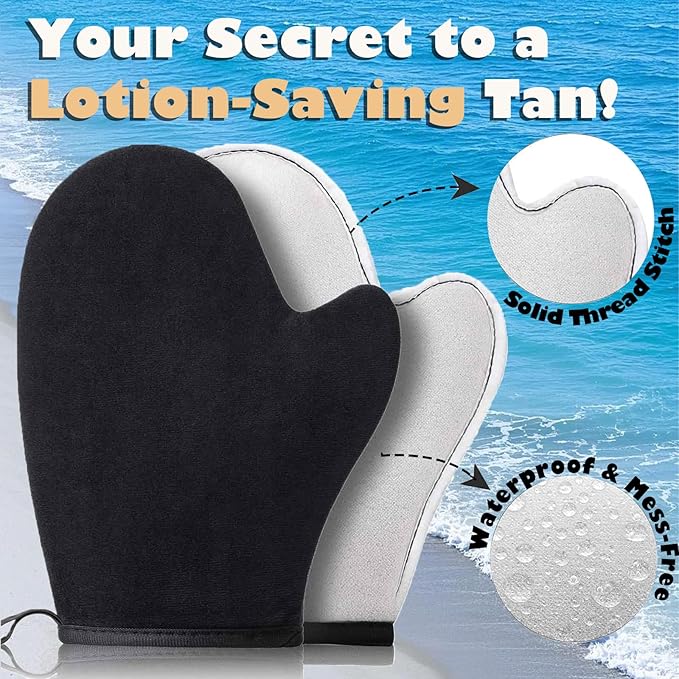 Self Tanning Mitt and Kabuki Brush 2 in 1 Set Double Sided Velvet Glove with Non Slip Grip and Ergonomic Applicator for Streak Free Sunless Tan Body Face