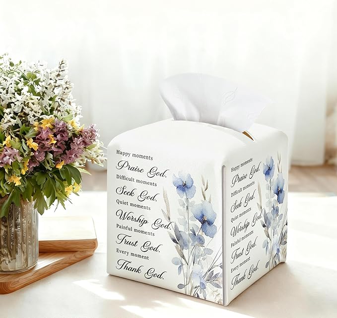 Bible Verses Christian Tissue Box Cover Square, Happy Moment Praise God Waterproof Leather Tissue Box Holder, Blue Flower Paper Facial Tissue Box Covers Cube for Office Home Prayer Room Decor