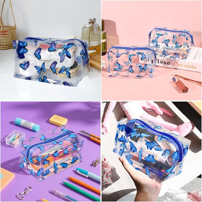Clear Makeup Bag, Small Clear Toiletry Bag for Travel, Cosmetic Makeup Organizer Bags with Zipper, Plastic PVC Pouch Transparent Zip for Purse Reusable TSA Approved Quart Size (Butterfly)