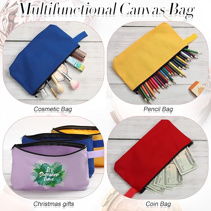 Reginary 60 Pcs Multicolor 60 Pieces Canvas Makeup Bags Bulk Portable Travel Cosmetic Pouch Multipurpose Blank Toiletry Bag with Zipper for Women DIY Craft (9.8 x 5 x 2 Inch)