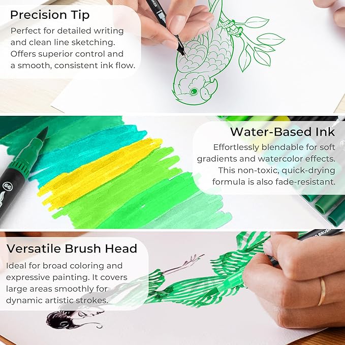 Green Duo Tip Marker Pens, 12 Pack Fine & Brush Markers for Adult Coloring Books No Bleeding, Nature Green Markers for Foliage, Landscape Drawings, Botanical Illustrations and Eco Designs
