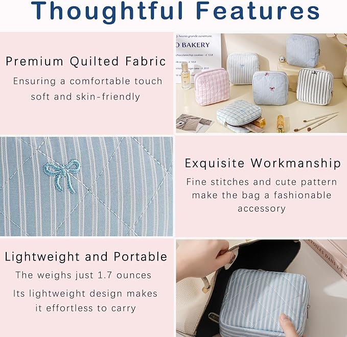 Small Quilted Striped Cosmetic Pouch for Purse, Mini Cotton Makeup Bag with Compartments, Cute Zipper Lipstick Holder for Women (26 Blue Stripes)