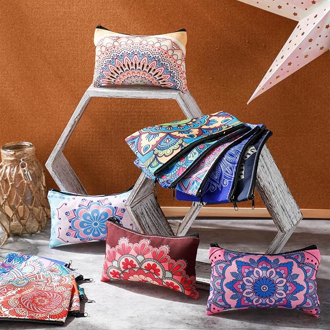 Yahenda 16 Pcs Canvas Makeup Bags Bulk for Women Inspirational Cosmetic Zipper Pencil Pouch Travel Toiletry Bag for Birthday Mother's Day Nurse Gifts(Mandala)