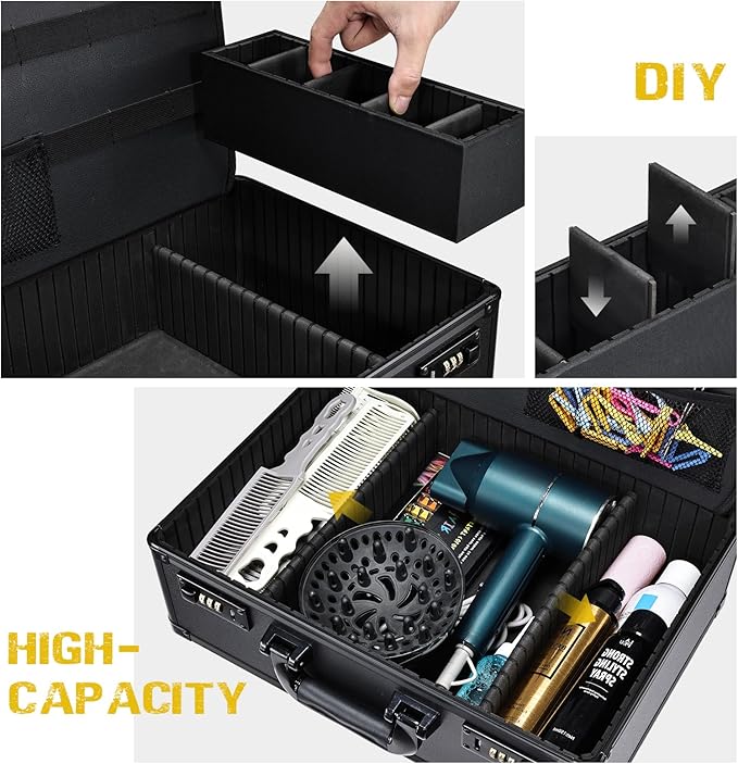 Barber Accessories Case, Profesional Barbers Briefcase Tool Case, Barber Cases for Clippers and Supplies, Hair Scissors Clippers Trimmer Organizer, Barbers Suitcase with Code Lock Black