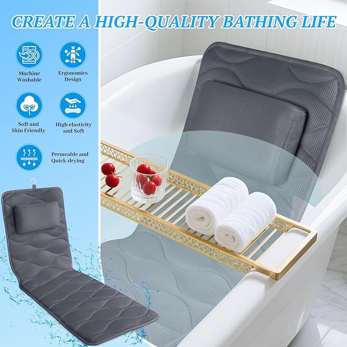 Bath Pillow for Tub with Laundry Bag & 17 Non-Slip Suction Cups, Extra Thick and Soft Bathtub Pillow for Head, Neck & Shoulder Support, 56" x 16" Grey