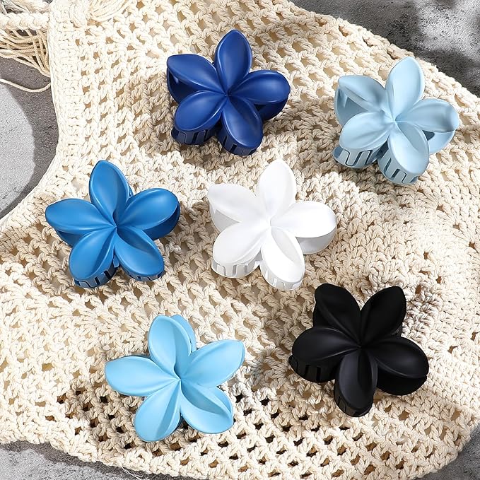 Flower Hair Clips 6 PCS Hawaiian Claw Clips for Vacation Hibiscus Hair Claw Cute Large Hair Clips for Thick and Thin Hair Plumeria Hair Accessories for Women Girls -Blue