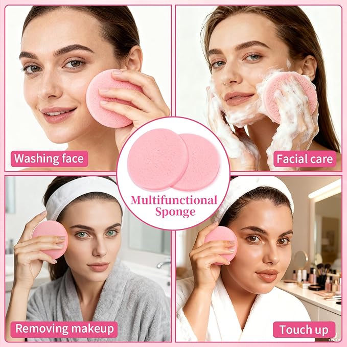 120pcs Compressed Facial Sponges - Round Face Sponge Disposable Travel Facial Cleansing Pads Makeup Sponge for Face Wash Exfoliating Remover Skin Care Beauty Tool Esthetician Essential（Pink）