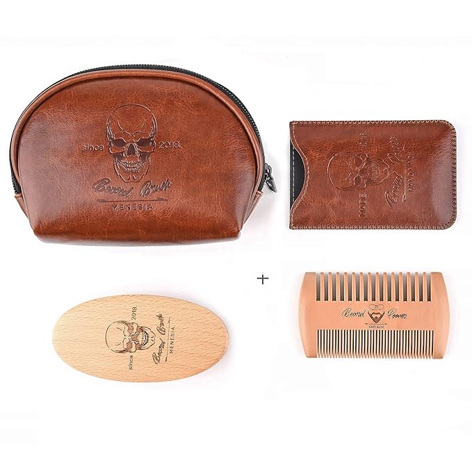 Beard Brush and Comb Set, Boar Bristle Hair Beard Brush Kit with Small Leather Travel Toiletry Bag Case for Men, Include Men's Wooden Mustache Comb