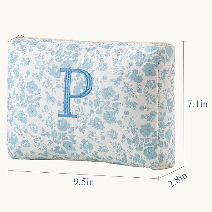 HBselect Initial Quilted Makeup Bag, Cotton Large Travel Makeup Bag, Cute Floral Coquette Make up Bag Cosmetic Bag Toiletry Bag for Women Girls P