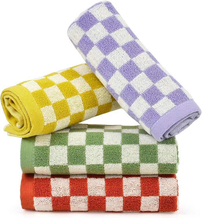 Jacquotha Wash Cloths Checkered 4 Pack 4 Colors - Cotton Washcloths for Face Body, 13 x 13 Inches Daily Cleansing Kitchen Towels