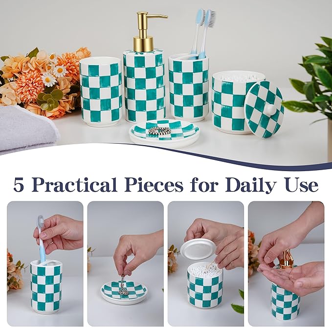 Ceramic Bathroom Soap Dispenser Set, Checkered Bathroom Vanity Set with Lotion Pump, Toothbrush Holder, Soap Dish & Storage Jar, Modern Bathroom Sink Accessories (Green)