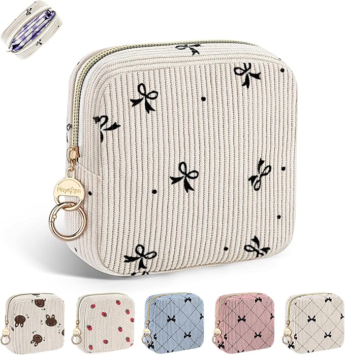 Cute Period Bag for Teen Girls, Corduroy Sanitary Napkin Storage Bag, Menstrual Pad Pouch Tampon Holder for Purse (Black Bow Tie)