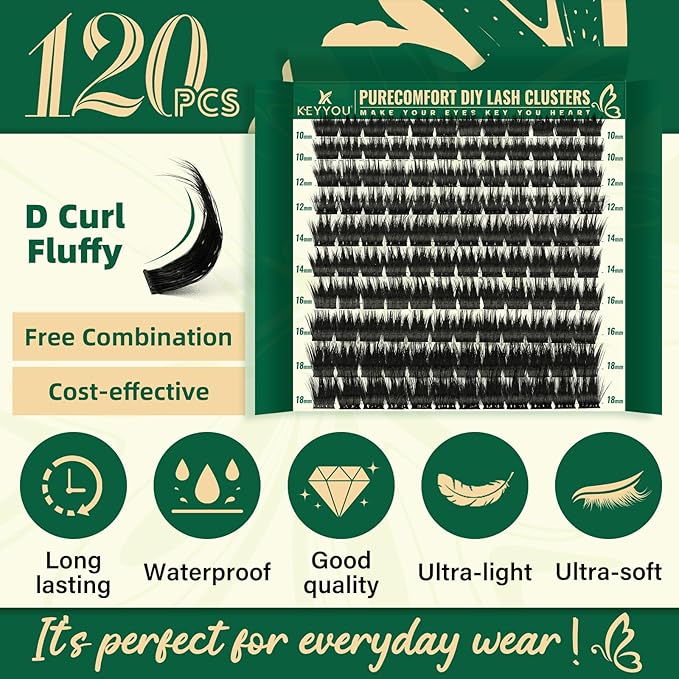 KEYYOU Lash Clusters 120pcs Eyelash Clusters 10-18mix D Curl Cluster Lashes Thick Super Soft Wispy DIY Eyelash Extension at Home(PC02-D-10-18MIX)