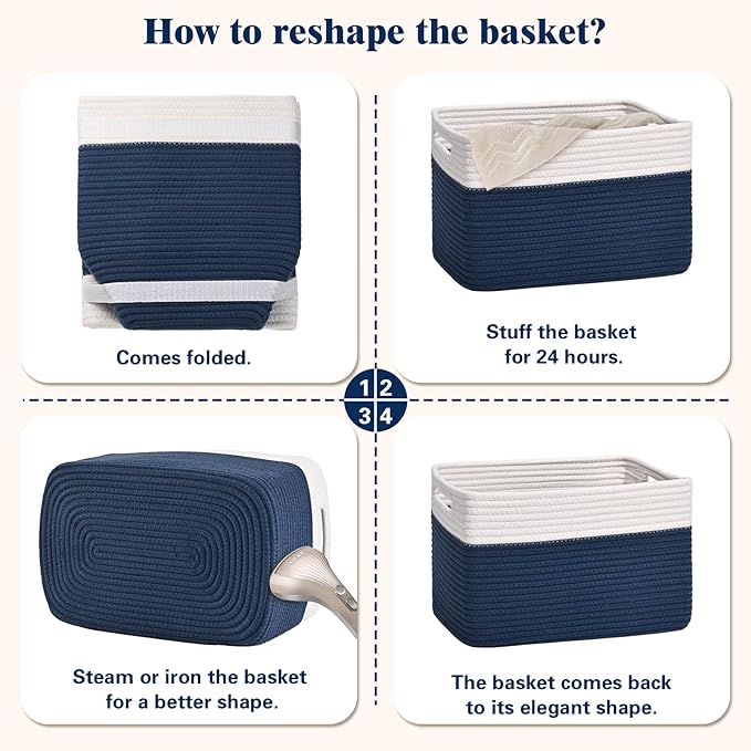 Storage Baskets for Organizing, 4 Pack Baskets for Shelves, Decorative Storage Bins for Shelves, Cotton Rope Storage Basket with Handles, Woven Basket for Storage, 13''Lx8.7''Wx7.9''H, White & Blue