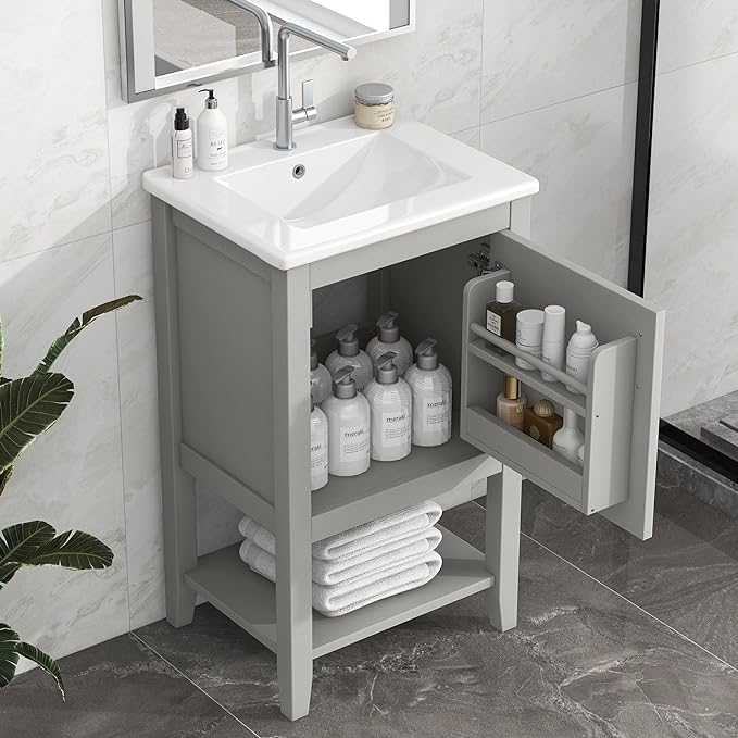 Bellemave 20" Small Bathroom Vanity with Sink, Modern Bathroom Storage Cabinet with Door and Storage Rack, Free Standing Single Basin Vanity with Open Shelf, Undermount Ceramic Sink, Grey