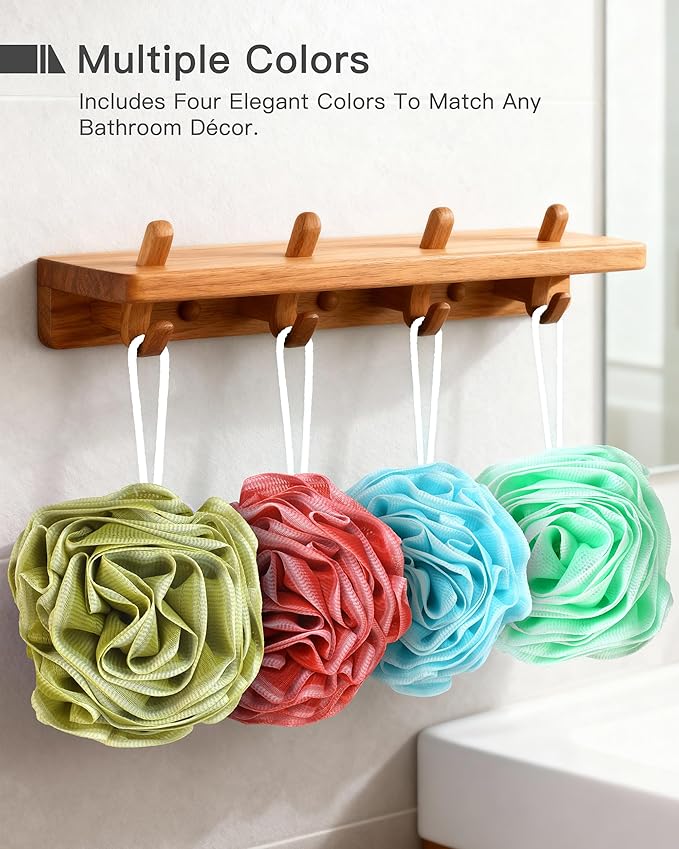 Loofah Sponge 70g, 6.3 Inch Large Exfoliating Bath Sponge, Soft Durable PE Mesh with Reinforced Knotting, Rich Lather Bath Scrubber for Body, for Travel or as a Holiday Gift (4Pack, Green, Red, Blue)