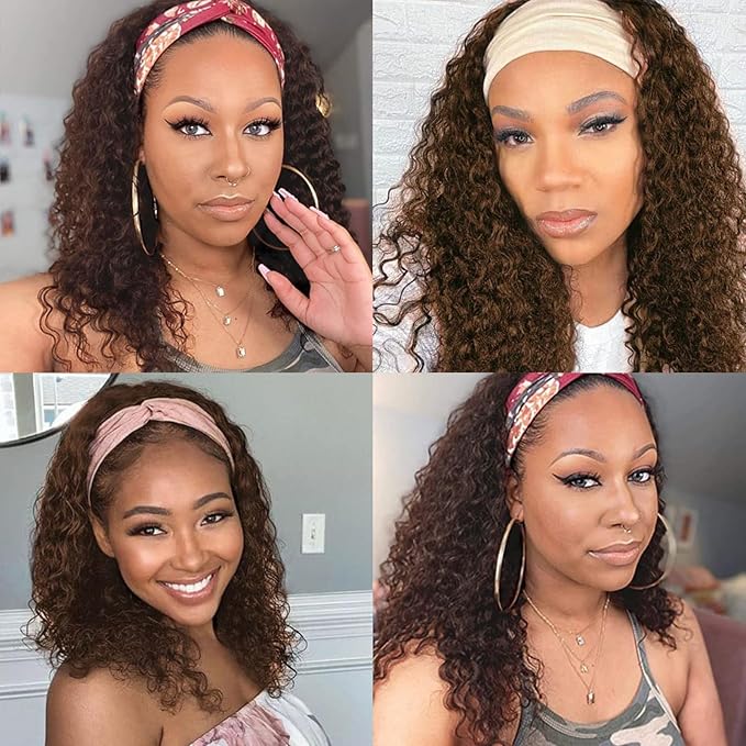 Aiterina Headband Wig Human Hair Headband Wig Deep Wave Human Hair Wigs for Black Women Glueless Human Hair Wigs Machine Made 150% Density No Lace Deep Headband Wig Chocolate Brown 16 inch