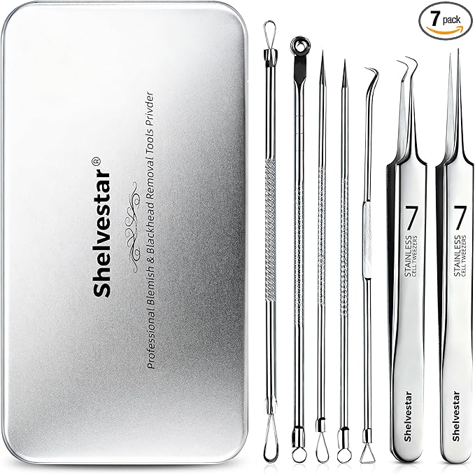 Pimple Popper Tool Kit, 7 PCS Professional Stainless Steel Blackhead Remover Comedone Extractor Tools for Removing Zit on Face - Silver