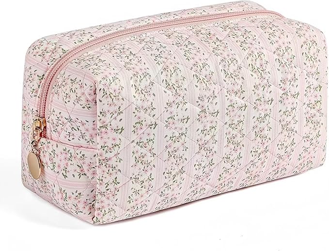 Floral Quilted Cotton Makeup Bag for Women, Large Capacity Travel Cosmetic Pouch with Zipper, Cute Toiletry & Brush Organizer, Kawaii Makeup Storage Case – Pink Floral